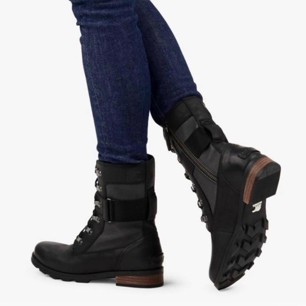 Sorel Black Leather Emelie Conquest Combat Boots Lace Up with Side Zip 9.5